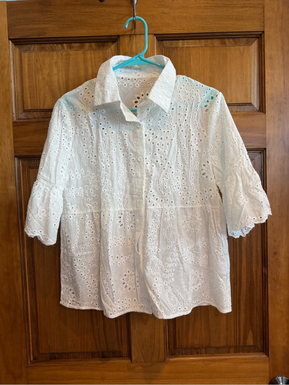 Women’s White Eyelet Button-Down Blouse with Short Sleeves